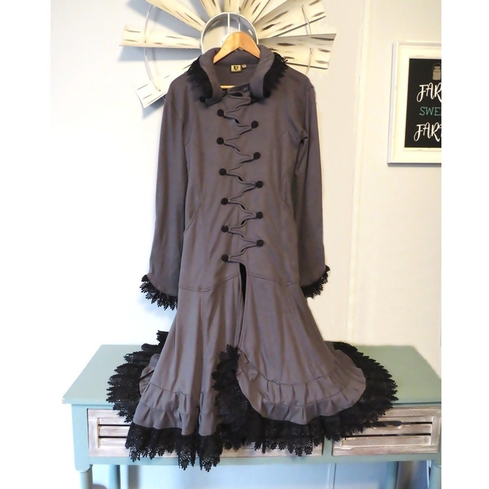 Gothic Style Gray / Black Trim Midi Corst Style Coat Removable Hood Pockets XS - Picture 5 of 16